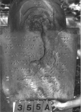 Grabstein 355 (Index: 99609992) Material: Sandstein Zustand: stark verwittert, abgeblättert, teilweise Textverlust Maße HxBxT: 134x72x13 cm Beschreibung: Stele, eingezogener Rundbogenabschluß, Schriftfeld abgegrenzt, im Bogen Band: Grabstein 355A