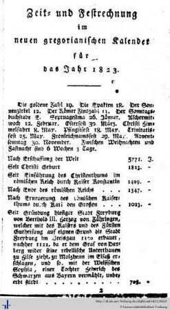 Zeit- und Festrechnung im neuen gregorianischen Kalender für das Jahr 1823.