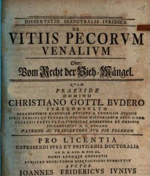 Diss. inaug. iur. de vitiis pecorum venalium, oder: Vom Recht der Vieh-Mängel