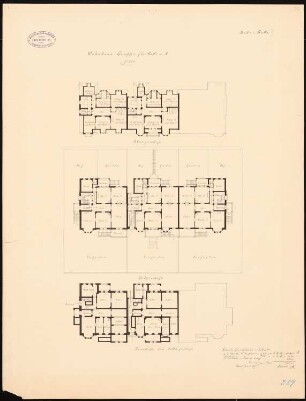 Wohnhausgruppe, Halle/Saale Monatskonkurrenz April 1884 (wahrscheinlich Originalzeichnung): Grundriss Keller, Erdgeschoss, Obergeschoss 1:200; Kostenanschlag