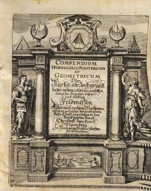 Compendium Horologico-Sciotericum Et Geometricum Oder Kurtzer Begriff Von Abtheilung allerhand SonnenUhren : dadurch zu unterscheiden/ in welchem Zeichen die Sonne sey; Die Tag- und Nacht-Länge; Der Auff- und Untergang der Sonnen: Benebenst dem Ringe und Quadranten/ die rechte Stunde des Tages damit zu erkennnen/ auff alle Polus Höhen zurichten ; Wie auch Von Abmessung allerley Felder