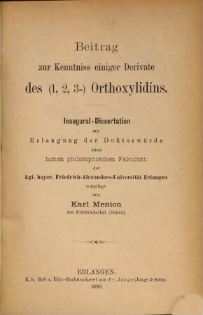Beitrag zur Kenntnis einiger Derivate des (1, 2, 3-) Orthoxylidins