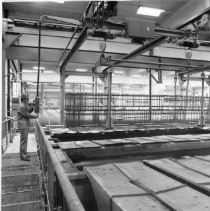 Eilenburg, Dübener Landstraße. VEB Betonwerk Laußig, Betriebsteil Betonwerk Eilenburg. Produktionshalle. Anlage für den Korrosionsschutz der Baustahlbewehrung