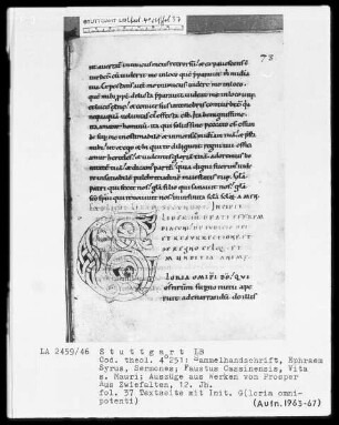 Ephraim Syrus, Sermones und Faustus Cassinensis, Vita Sancti Mauri etcetera — Initiale G (loria omnipotenti), Folio 37recto