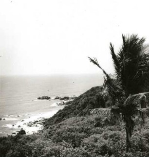 Golf von Guinea, Elfenbeinküste. Steilküste mit Sekundärregenwald und vorgelagerten Klippen bei Sassandra