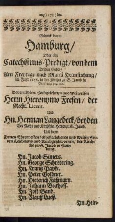 Gedenk daran Hamburg/ Oder eine Catechismus-Predigt/ von dem Dritten Gebot/ ...