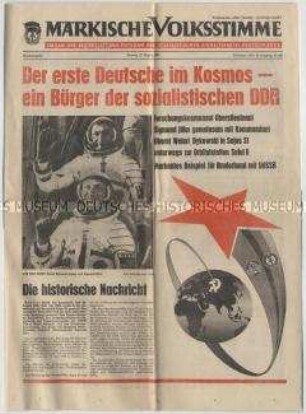 Regionale Tageszeitung der SED "Märkische Volksstimme" zum Weltraumflug von Sigmund Jähn