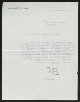 Brief von Karl Böhm von Staatsoper  an Gerhart Hauptmann