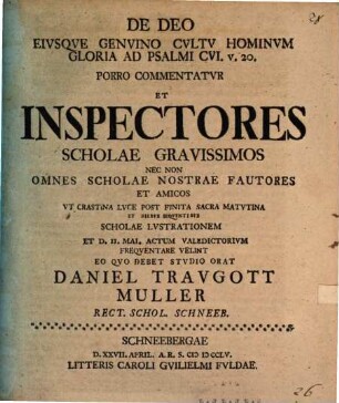 De Deo, eiusque genuino cultu hominum gloria ad Psalm. 106, 20 porro commentatur Dan. Traug. Müller