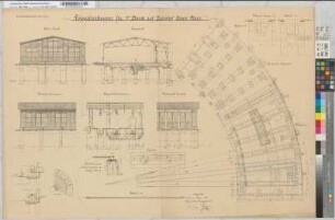 Lokomotivschuppen für 14 Stände auf Bahnhof Essen-Nord: Grundriß, Ansichten, Schnitte, Details [2 Exemplare], M. 1:100 und M. 1:10 Hgl, Sknr.: 1, Fanr.: 12, Bunr.: 1