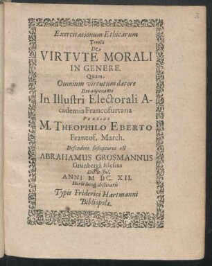 Exercitationum Ethicarum Tertia De Virtute Morali In Genere