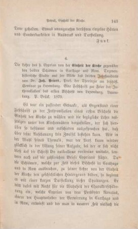 143-145 [Rezension] Peters, Johannes, Die Lehre des heiligen Cyprian von der Einheit der Kirche gegenüber den beiden Schismen in Karthago und Rom