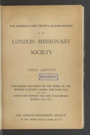 122.1916/17: Report of the London Missionary Society