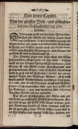 Das dritte Capitel. Von der grossen Welt, und absonderlich von Beschaffenheit deß Erdbodens.