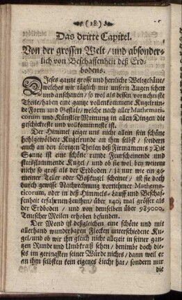 Das dritte Capitel. Von der grossen Welt, und absonderlich von Beschaffenheit deß Erdbodens.
