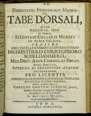 Dissertatio Inauguralis Medica De Tabe Dorsali