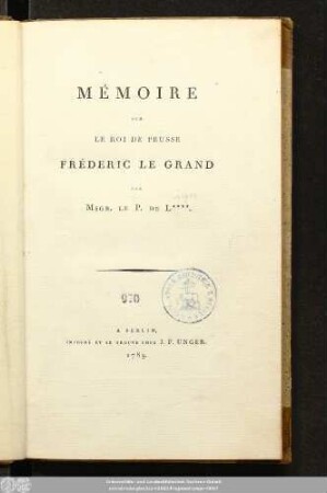 Mémoire Sur Le Roi De Prusse Frédéric Le Grand
