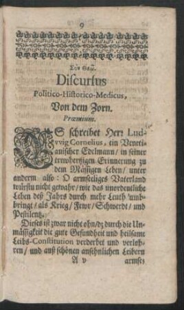 Discursus Politico-Historico-Medicus, Von dem Zorn.