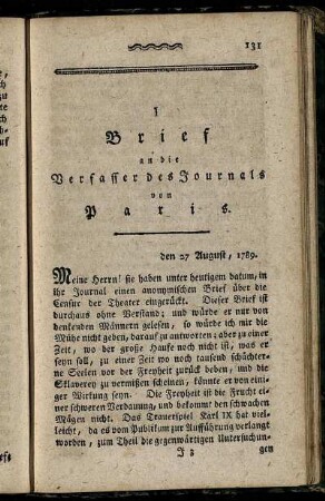 I Brief an die Verfasser des Journals von Paris.