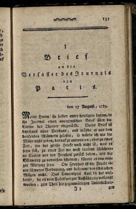 I Brief an die Verfasser des Journals von Paris.