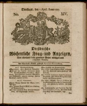 Dienstags, den 1. April. Anno 1777. No. XIV. - Dienstags, den 20. Maii, Anno 1777. No. XXI.