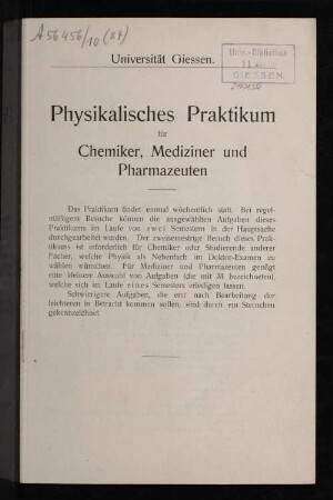 Physikalisches Praktikum für Chemiker, Mediziner, Pharmazeuten und Landwirte