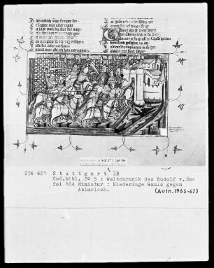 Weltchronik des Rudolf von Ems — Kampf zwischen Abimelech und Gaal, Folio 104recto
