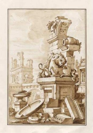 Architekturphantasie mit Skulptur eines Löwen, der ein Pferd angreift, aus den "Disegni di Prospettiva Ideale", Bl. 9