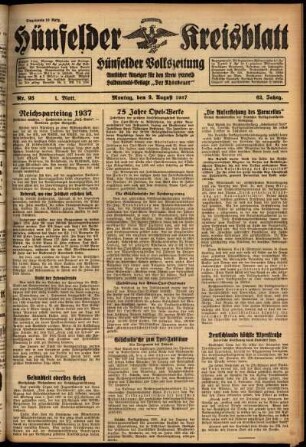 Erste Ausgabe vom Montag, den 09. August 1937.