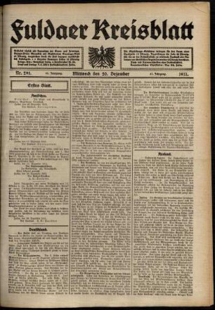 Erste Ausgabe vom Mittwoch, den 20. Dezember 1911.