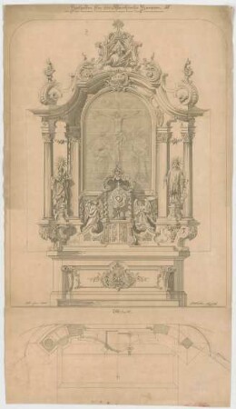 Müller, Josef Anton; Hausen; Pfarrkirche - Hochaltar (Grundriss m. Schnitt, Ansicht)