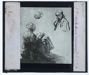 Rembrandt, Studie einer lesenden, sitzenden Frau und eines Orientalen (Zeichnung, Benesch 168) (New York Privatsammlung)