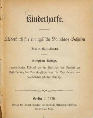 Kinderharfe : Liederbuch für evangelische Sonntags-Schulen (Kinder-Gottesdienste)