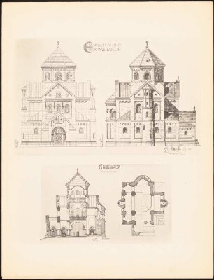 Romanische Kapelle: Grundriss, Ansichten, Querschnitt (aus: Drucke von Seminararbeiten der Königlich Technischen Hochschule Berlin, Bd. I)