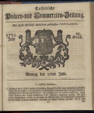 29. Stueck, Montag den 16ten Julii 1759