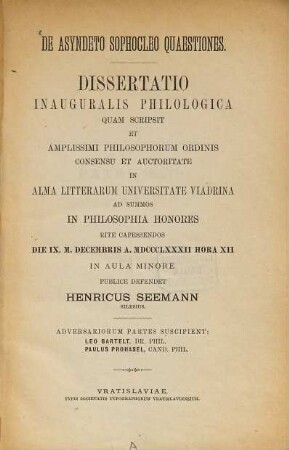De asyndeto Sophocleo quaestiones : (Breslauer Doctordiss.)