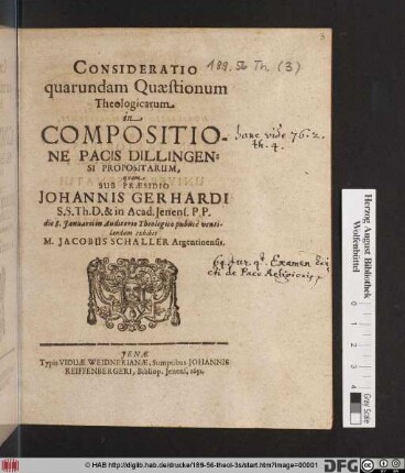 Consideratio quarundam Quaestionum Theologicarum in Compositione Pacis Dillingensi Propositarum