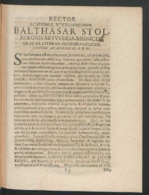 Rector Academiae Wittenbergensis Balthasar Stolbergius ...