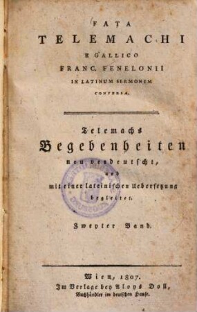 Fata Telemachi : e Gallico Franc. Fenelonii in Latinum sermonem conversa, 2