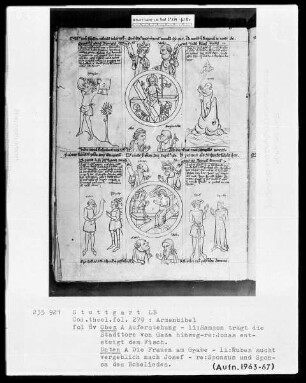 Armenbibel — Bildseite mit zwei Gruppen von typologischen Szenen, Folio 8verso