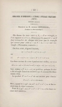 Concours d'admission a l'École Spéciale Militaire (1878).