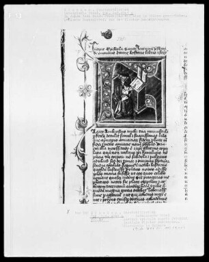 Lateinische Bibel — Buchseite mit historisierter Initiale und zwei Medaillons, Folio 1recto