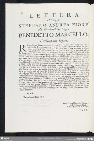 Lettera Steffano Andrea Fiore - Benedetto Marcello