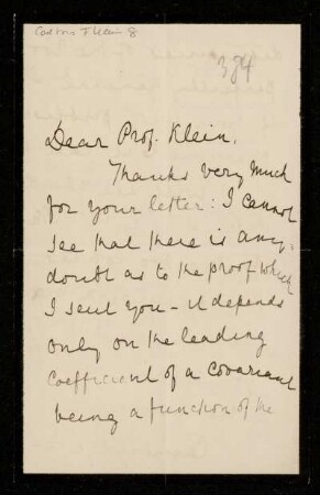 Nr. 20: Brief von Arthur Cayley an Felix Klein, Cambridge, 22.2.1889