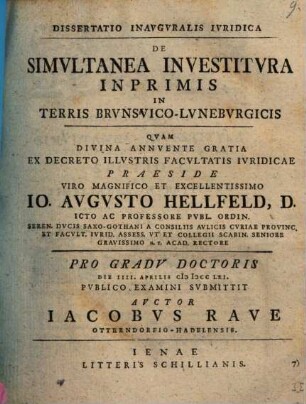 Dissertatio Inavgvralis Ivridica De Simvltanea Investitvra Inprimis In Terris Brvnsvico-Lvnebvrgicis