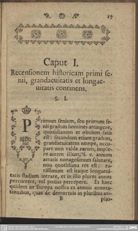 Caput I. Recensionem historicam primi senii, grandaevitatis et longaevitatis continens