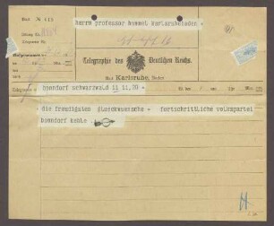 Glückwunschtelegramm von Herrn Kehle, Fortschrittliche Volkspartei, Bonndorf, an Hermann Hummel, 1 Telegramm