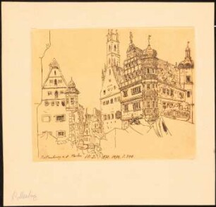 Rathaus und umliegende Häuser, Rothenburg/Tauber: Durchzeichnung: Perspektivische Ansicht des Rathauses vom Marktplatz aus mit dem Brunnen und umliegenden Häusern, nach: Illustrirte Zeitung, 1871, 1479, S. 340