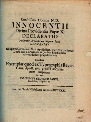 Declaratio nullitatis articulorum nuperae pacis Germaniae religioni catholicae ... praeiudicialium