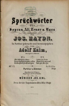 Sprüchwörter : für Sopran, Alt, Tenor u. Baß ; op. 72